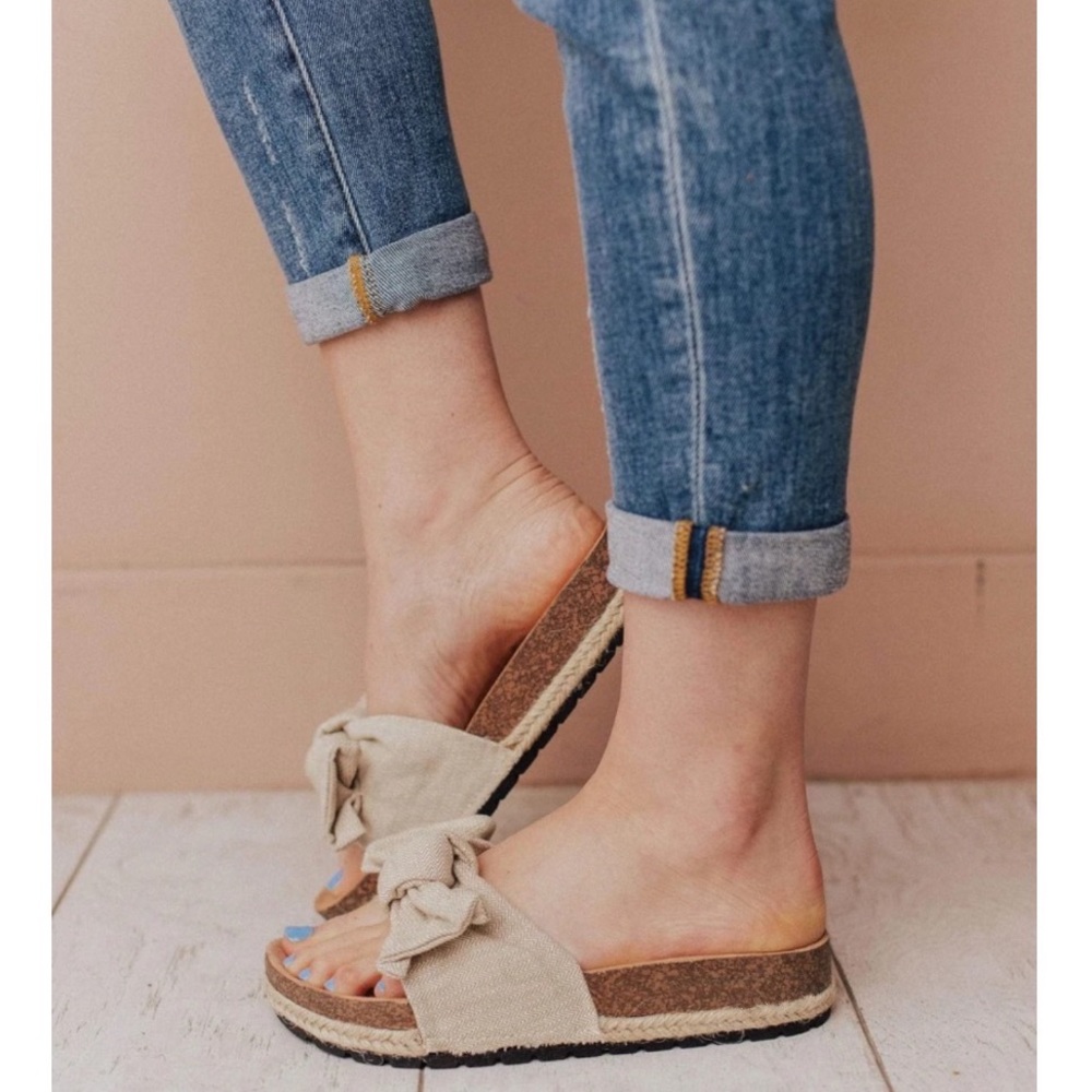 Beige Slip On Linen Fabric Bow Sandals